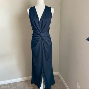 Pretty Garden Navy Blue Satin Maxi Dress with Twist Front Detail